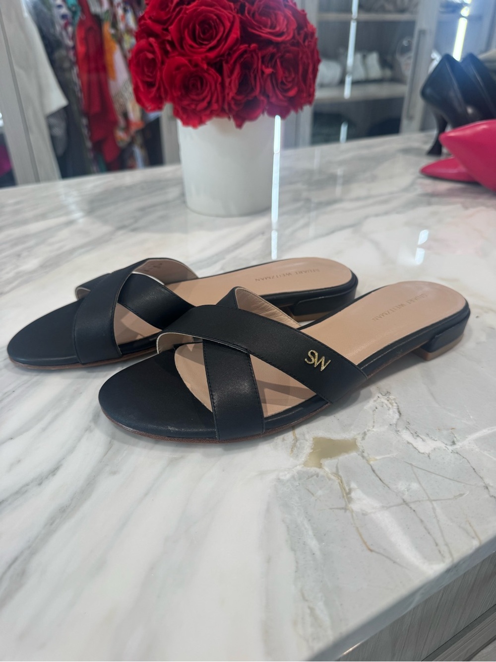 Stuart Weitzman Black Cross-Strap Flat Sandals / Slides